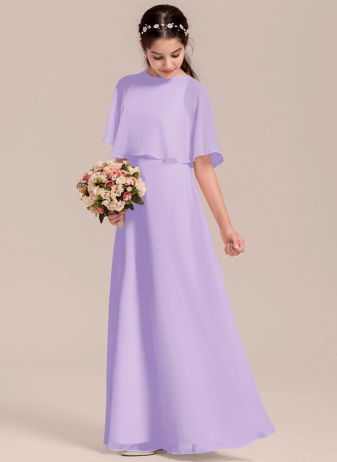 Elegant A-line Scoop Floor-Length Formal Girl's Dress Flowy Simple Junior Bridesmaid Dress