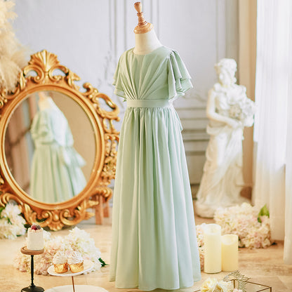 Girls' Formal Dress Elegant A Line Round Neck Flowy Sleeves Girls Chiffon Pleated Prom Birthday Dress Hot Sale Junior Bridesmaid Dress