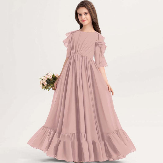 Girls' Formal Dress Elegant A Line Round Neck Short Sleeve Ruffles Floor-Length Hot Sale Junior Bridesmaid Dress