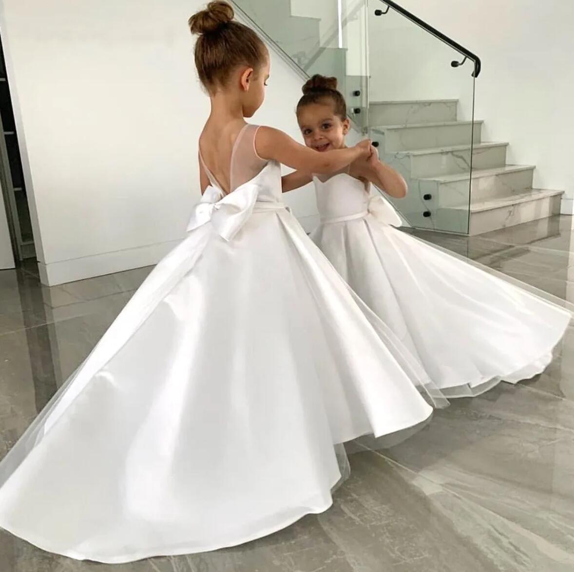 AERBA DRESS Wedding Flower Girl Dress Simple Child Satin A-line Tulle Bow Long Bridesmaid Pageant Robe First Communion Gown