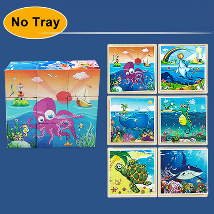 Aerba Children's Toys 3D cube Wooden puzzle children's nine pieces six-sided wooden block tray children's Montessori learning educational puzzle toys