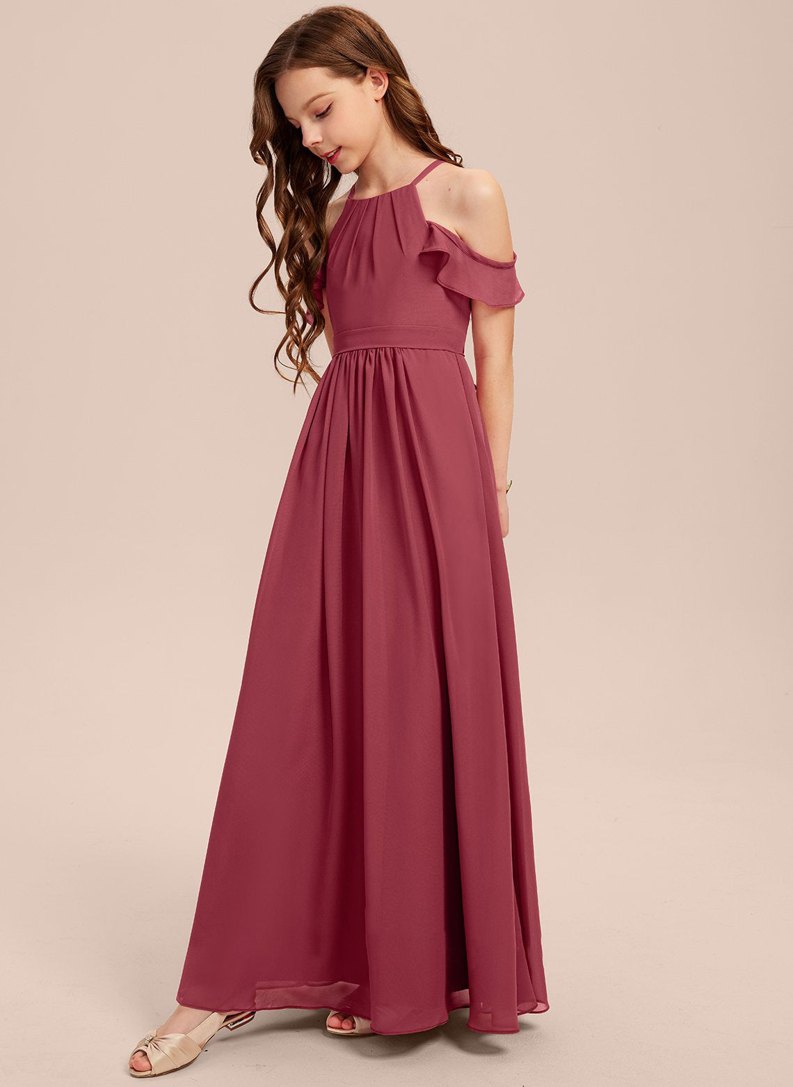 Girls' Formal Dress Elegant A Line Off Shoulder Ruched Chiffon Lace Holy Communion Birthday Ball Evening Dress Hot Sale Junior Bridesmaid Dress