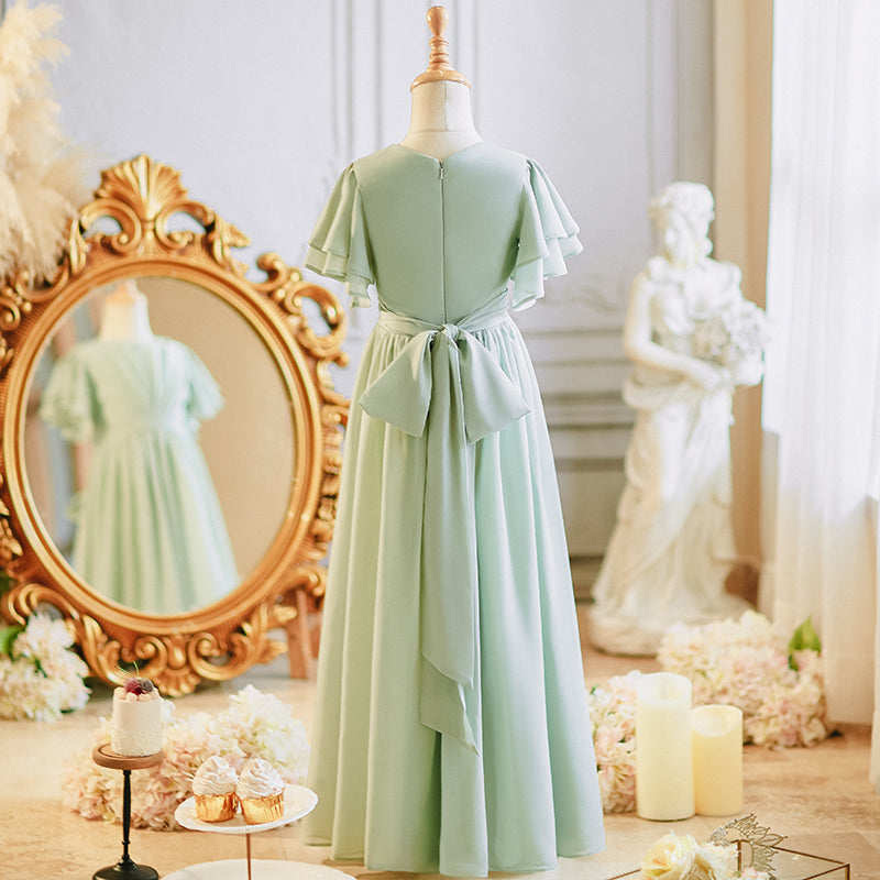 Girls' Formal Dress Elegant A Line Round Neck Flowy Sleeves Girls Chiffon Pleated Prom Birthday Dress Hot Sale Junior Bridesmaid Dress