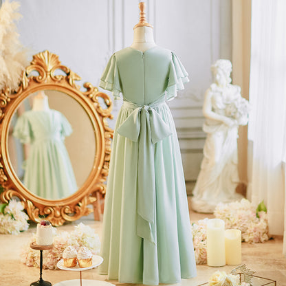 Girls' Formal Dress Elegant A Line Round Neck Flowy Sleeves Girls Chiffon Pleated Prom Birthday Dress Hot Sale Junior Bridesmaid Dress