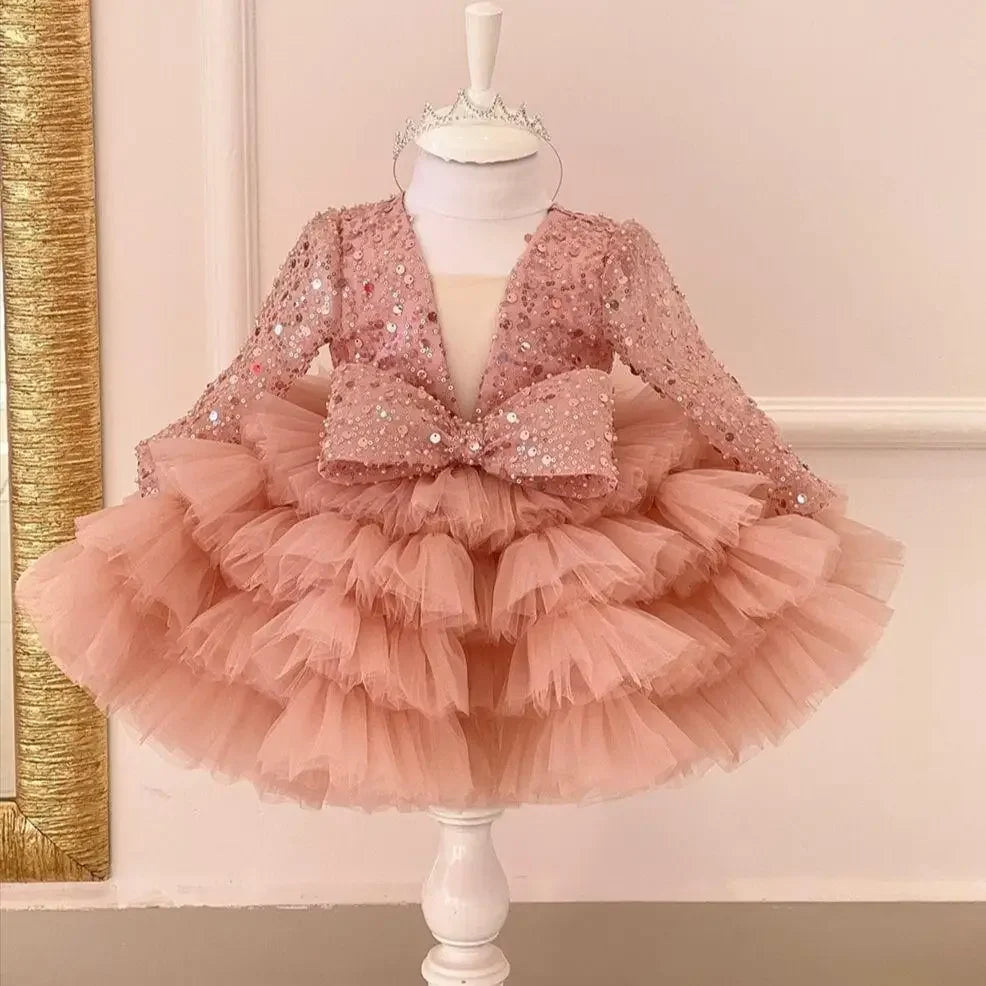 AERBA DRESS Wedding Flower Girl Dress Luxurious Baby Girls Dresses Layers Tulle Tiered Birthday Party Gown Christmas New Year Dress Gift