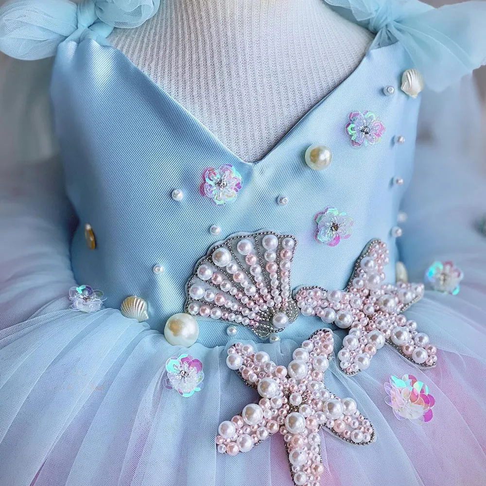 AERBA DRESS Wedding Flower Girl Dress Beaded Pearls Ocean Princess Kids Birthday Party Baby First Communion Ball Gowns