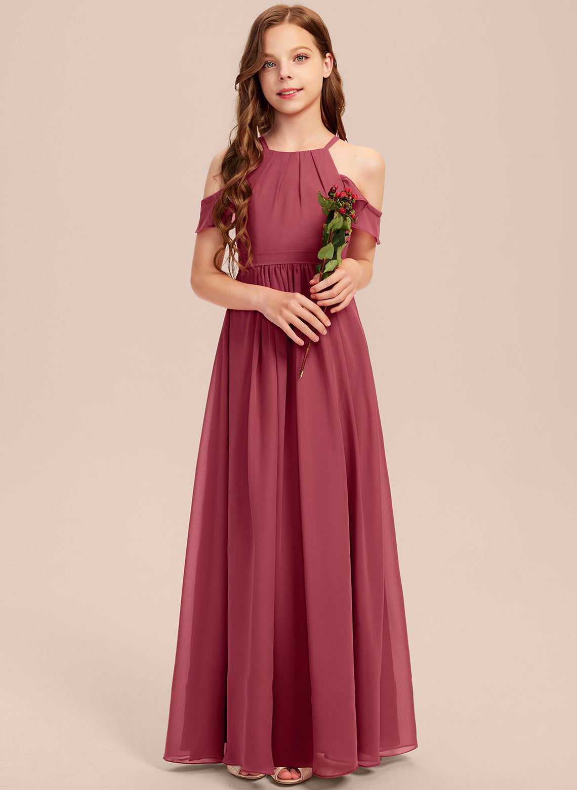 Girls' Formal Dress Elegant A Line Off Shoulder Ruched Chiffon Lace Holy Communion Birthday Ball Evening Dress Hot Sale Junior Bridesmaid Dress