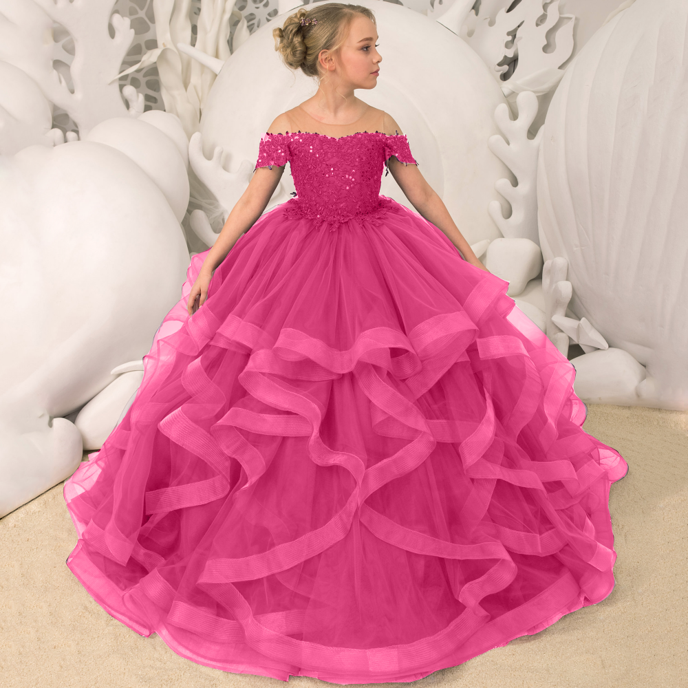 AERBA DRESS Wedding Flower Girl Dress Floral Appliques Tiered With Trailing For Wedding Birthday Party Banquet Gown