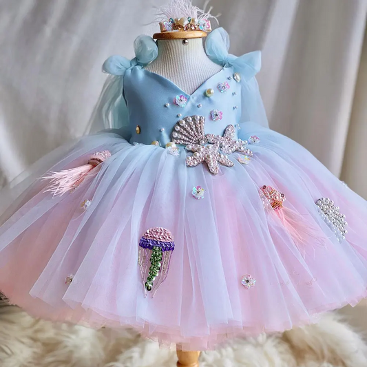 AERBA DRESS Wedding Flower Girl Dress Beaded Pearls Ocean Princess Kids Birthday Party Baby First Communion Ball Gowns