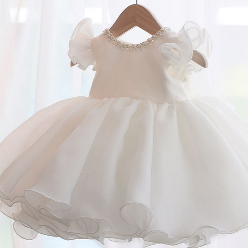 AERBA DRESS Wedding Flower Girl Dress Puffy Tulle Bow Ball Gown For Kids Birthday Shiny Pearls Round Neck Wedding Party Guest Dress Princess Dress