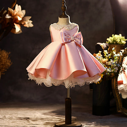 AERBA DRESS Wedding Flower Girl Dress Pearls Puffy With Bow Cute Party Kids Baby Pageant Birthday Ball Gowns Dress