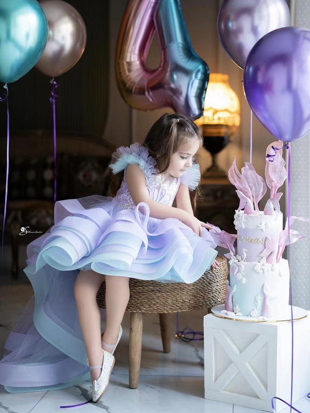 AERBA DRESS Wedding Flower Girl Dress Layered Pearls Sequins Ruffles Mermaid Kids Birthday Party First Communion Gowns