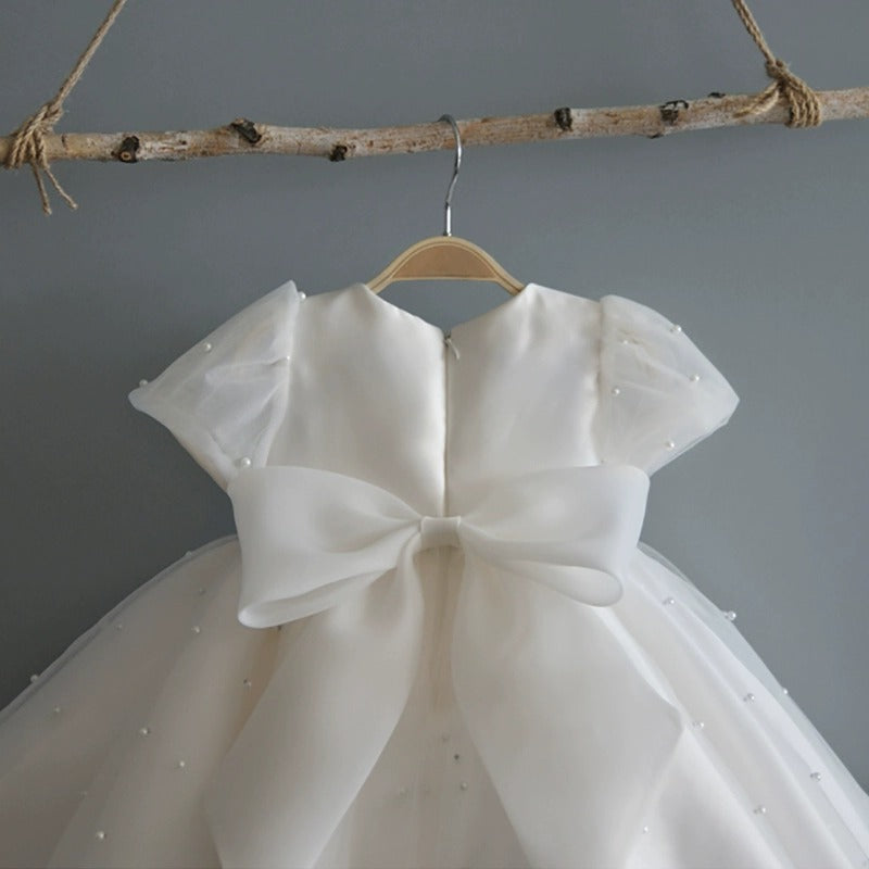 AERBA DRESS Wedding Flower Girl Dress A Line Round Neck Birthday Party Pearl Puff Sleeve Princess Dress