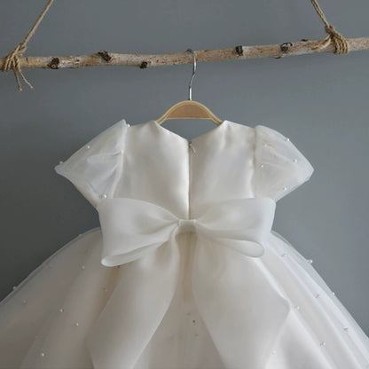 AERBA DRESS Wedding Flower Girl Dress A Line Round Neck Birthday Party Pearl Puff Sleeve Princess Dress
