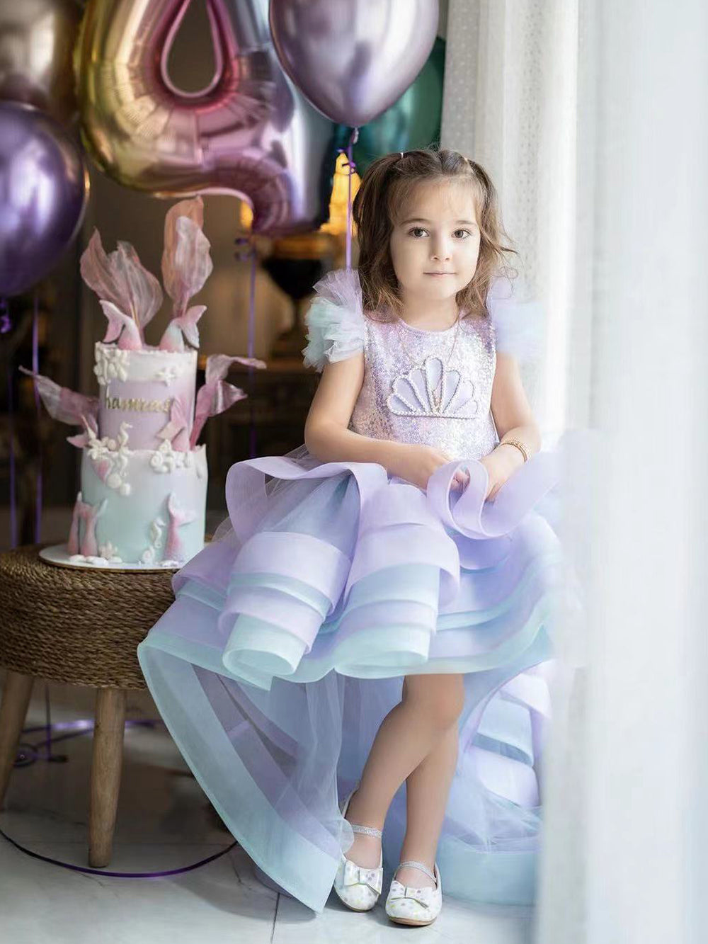 AERBA DRESS Wedding Flower Girl Dress Layered Pearls Sequins Ruffles Mermaid Kids Birthday Party First Communion Gowns