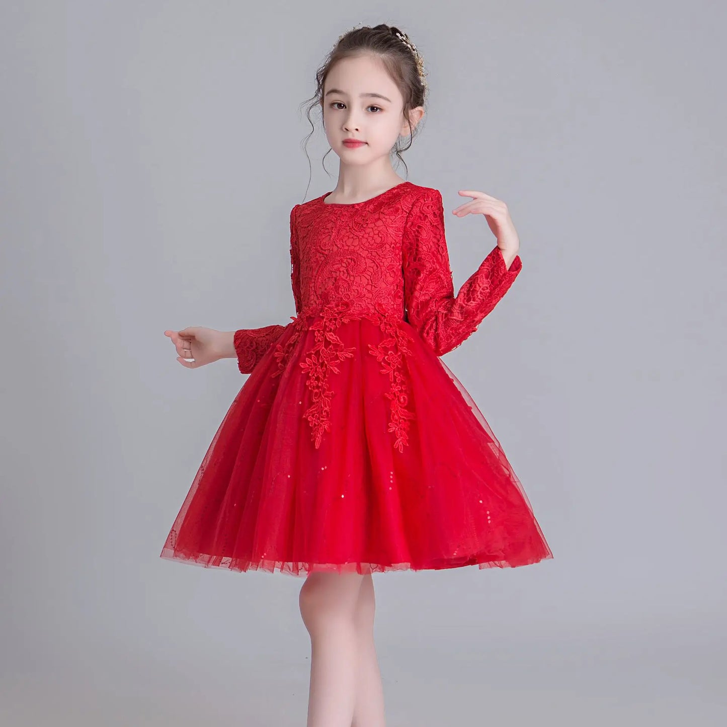 AERBA DRESS Wedding Flower Girl Dress Fashion Lace Long Sleeve Children Bridesmaid Dresses Girls Party Dress Princess dress
