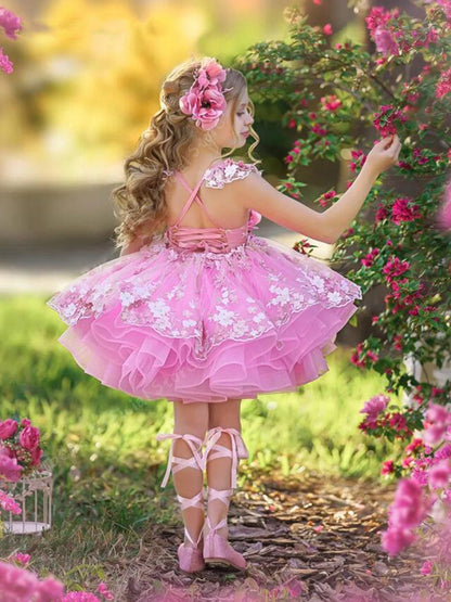 AERBA DRESS Wedding Flower Girl Dress 3d Applique Puffy Knee Length Mini Kids Birthday Party First Communion Gown