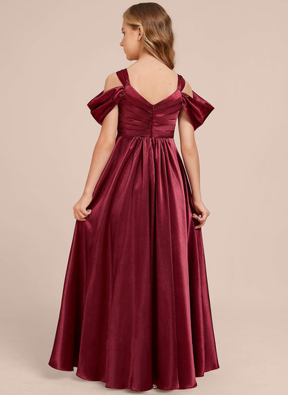 Dignified A-line V Neck Cold Shoulder Pleated Floor-Length Exquisite Junior Bridesmaid Dress