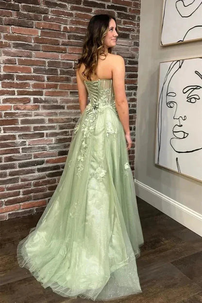 AerbaDress Fashion Sage Green Sweetheart Evening Dress Floral Lace Tulle Long Prom Dresses