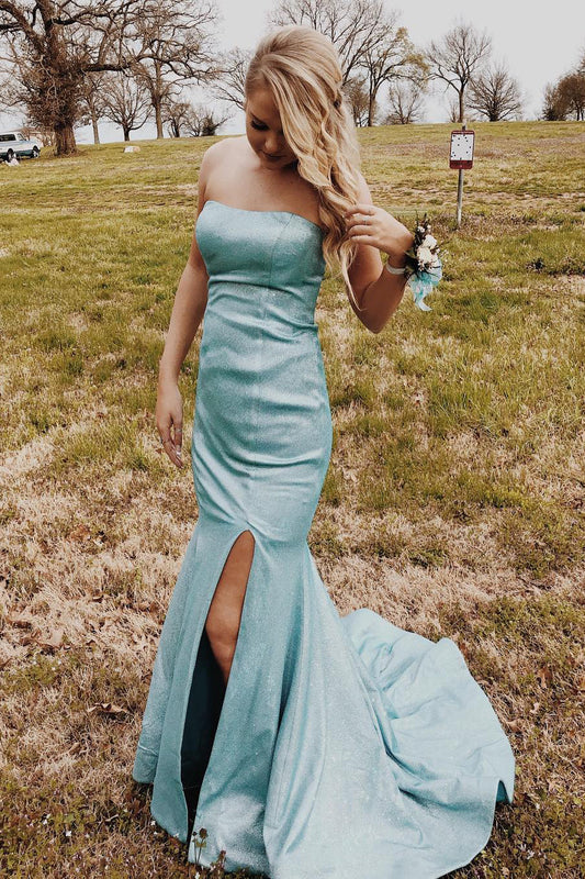 AerbaDress Prom Dress Satin Strapless Mermaid Fitted Long with Slit
