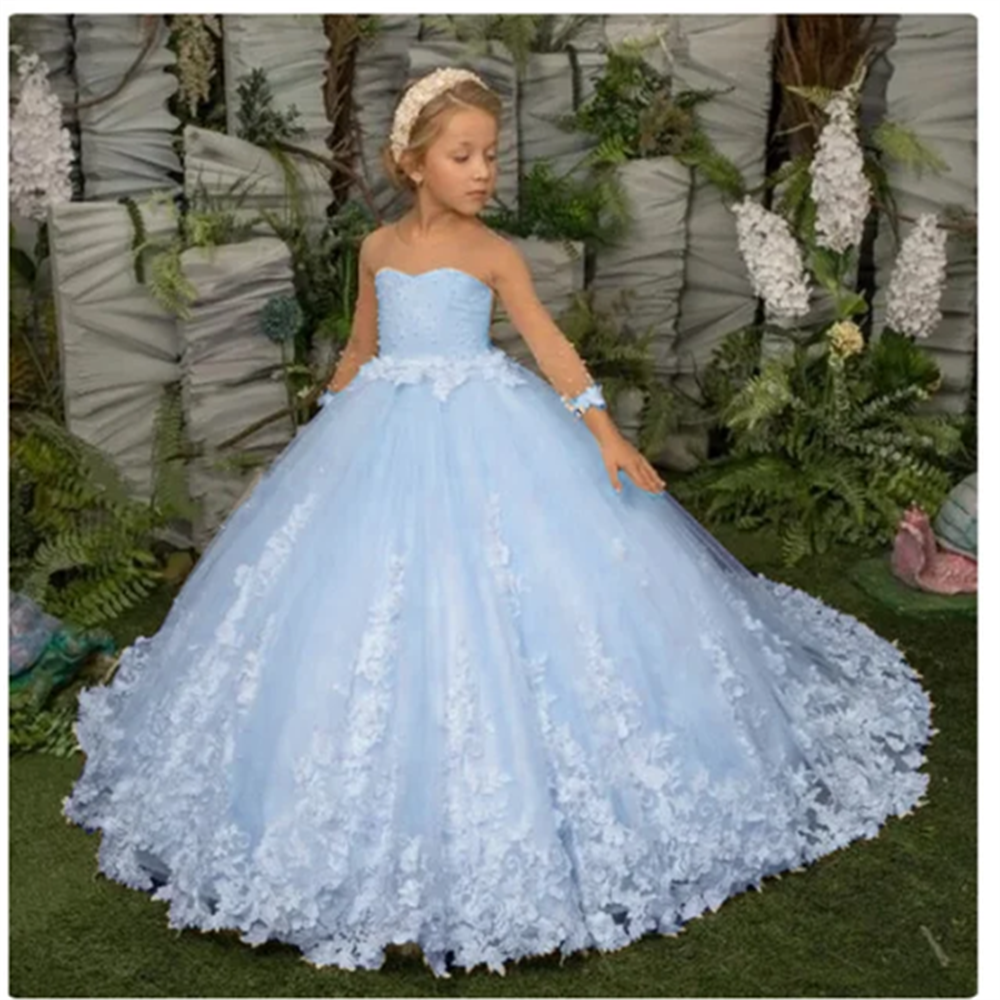 AERBA DRESS Wedding Flower Girl Dress Elegance Three Quartersleeve Applique Children Wedding Party Gowns New Kids Clothes Princess First Communion