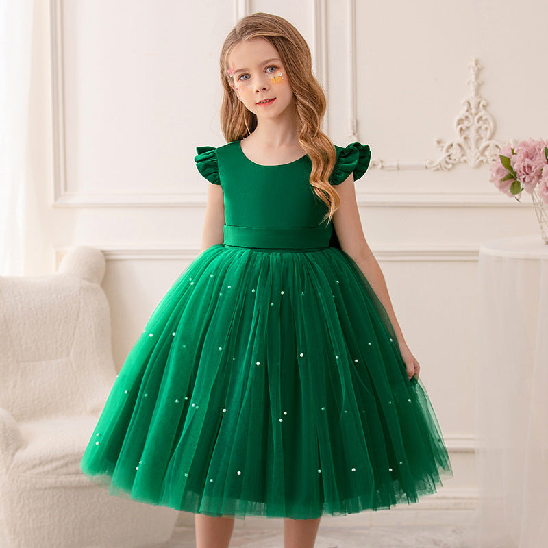 AERBA DRESS Wedding Flower Girl Dress Elegant Short Toddler Birthday Tulle Sleeveless Bow Pearls Princess Wedding Party Gown for Kids Baby
