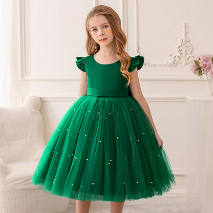 AERBA DRESS Wedding Flower Girl Dress Elegant Short Toddler Birthday Tulle Sleeveless Bow Pearls Princess Wedding Party Gown for Kids Baby