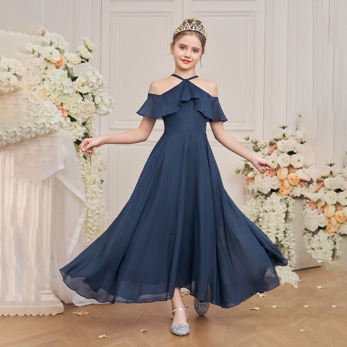 Girls' Formal Dress A Line Ruffle Girls Party Off Shoulder Long Wedding Princess Prom Dresses Kids Elegant Beach Birthday Evening Hot Sale Junior Bridesmaid Dress