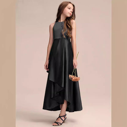 Girls' Formal Dress A Line Sleeveless Ruched Irregular Long Competition Fashion Performance Dress Hot Sale Junior Bridesmaid Dress