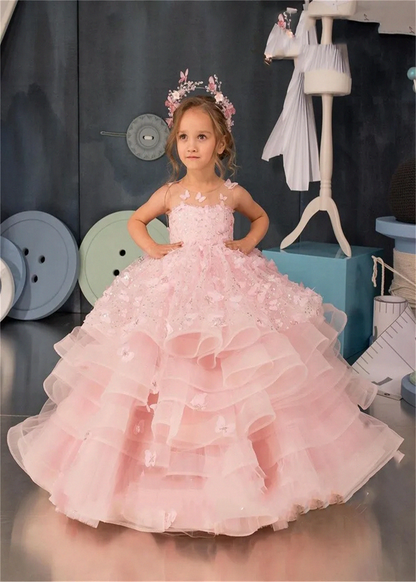 Wedding Flower Girl Dress Puffy Sleeveless Applique Tiers Pretty First Communion Child Butterfly Princess Dress