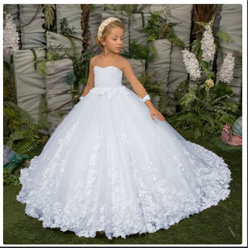 AERBA DRESS Wedding Flower Girl Dress Elegance Three Quartersleeve Applique Children Wedding Party Gowns New Kids Clothes Princess First Communion
