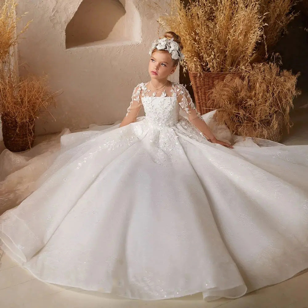 AERBA DRESS Wedding Flower Girl Dress Satin Beaded Sequin Full Sleeve Child First Communion Birthday Party Dress Ball Gowns