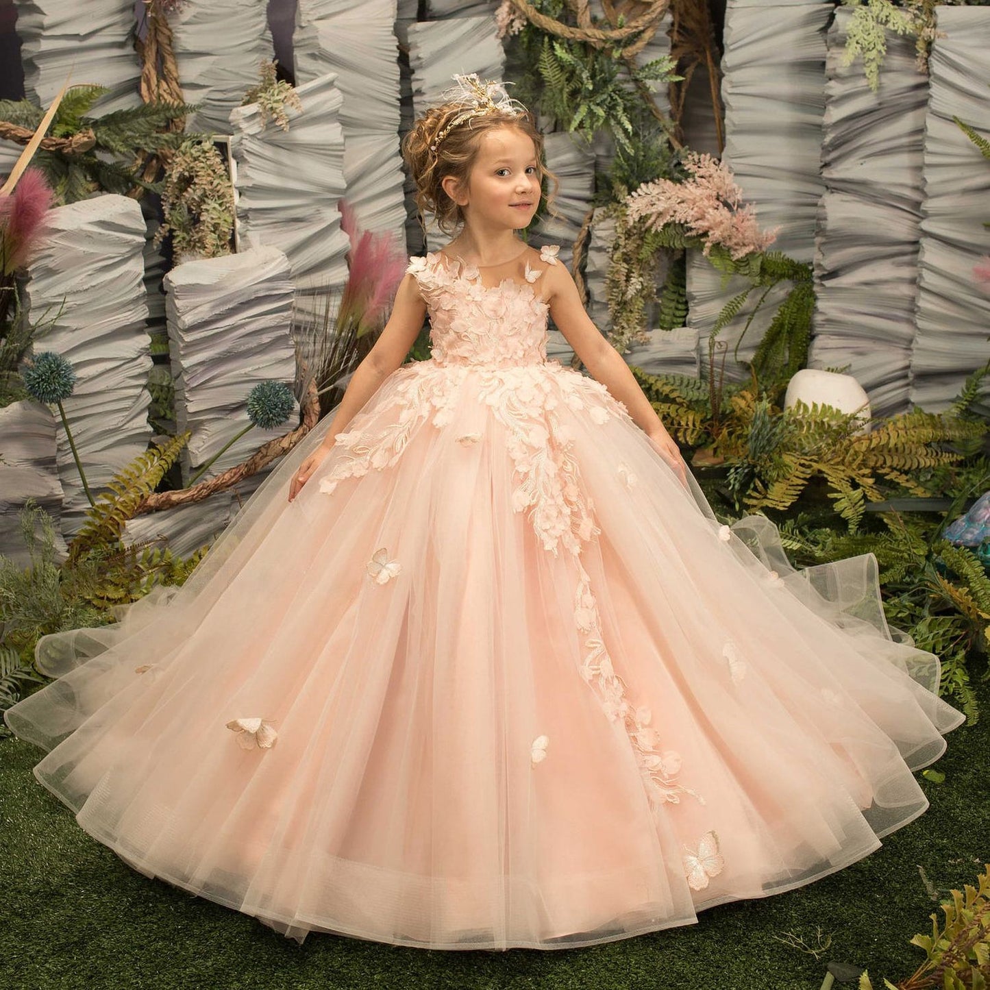 AERBA DRESS Wedding Flower Girl Dress Pretty Dress Princess Lace Floral Appqulies Tulle Fluffy Skirt Floor Length Ball Gowns Comuunion Party
