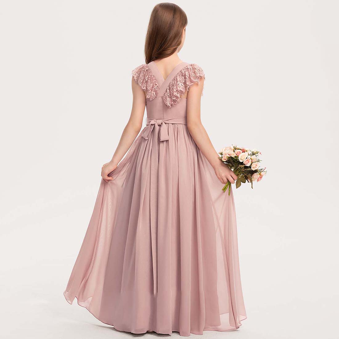 Girls' Formal Dress Fashion A Line Round Neck Wedding Girl Dresses Chiffon Lace With Bow Hot Sale Junior Bridesmaid Dress