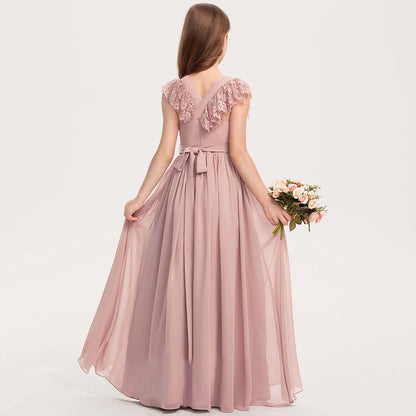 Girls' Formal Dress Fashion A Line Round Neck Wedding Girl Dresses Chiffon Lace With Bow Hot Sale Junior Bridesmaid Dress