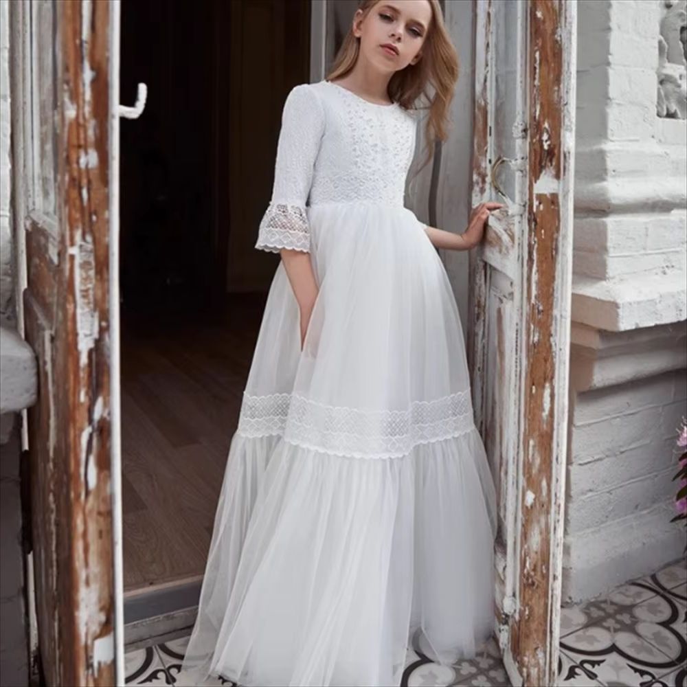 AERBA DRESS Wedding Flower Girl Dress First Communion Dresses Lace High-waisted Bridesmaid Princess Dress Party Dream Kids Gift