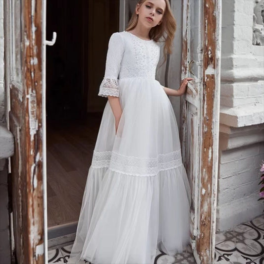 AERBA DRESS Wedding Flower Girl Dress First Communion Dresses Lace High-waisted Bridesmaid Princess Dress Party Dream Kids Gift