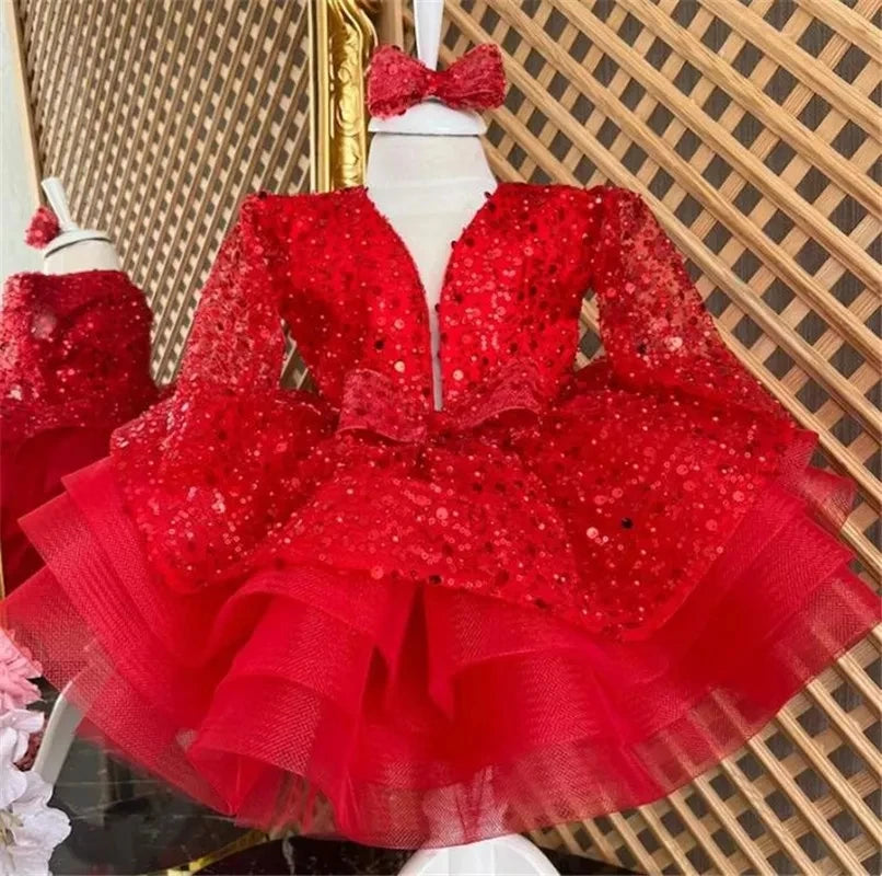 AERBA DRESS Wedding Flower Girl Dress Princess Bow Sequins Full Sleeve Knee Length Baby Kids Birthday Party Communion Dress