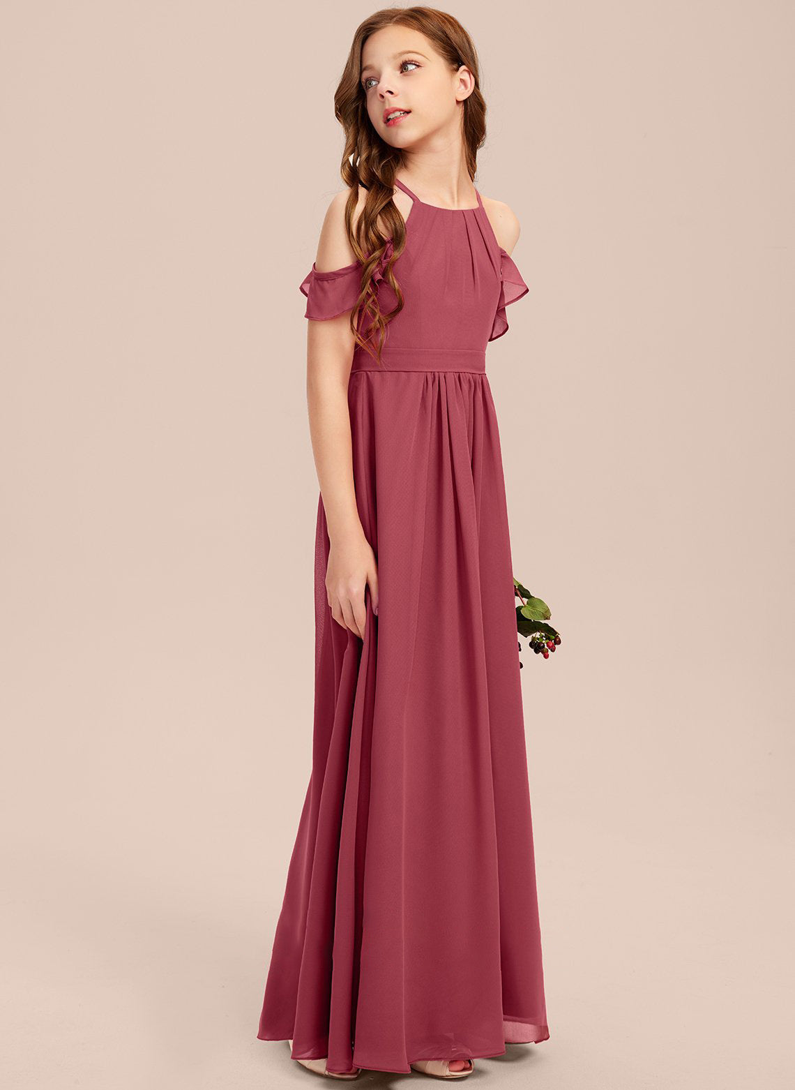 Girls' Formal Dress Elegant A Line Off Shoulder Ruched Chiffon Lace Holy Communion Birthday Ball Evening Dress Hot Sale Junior Bridesmaid Dress