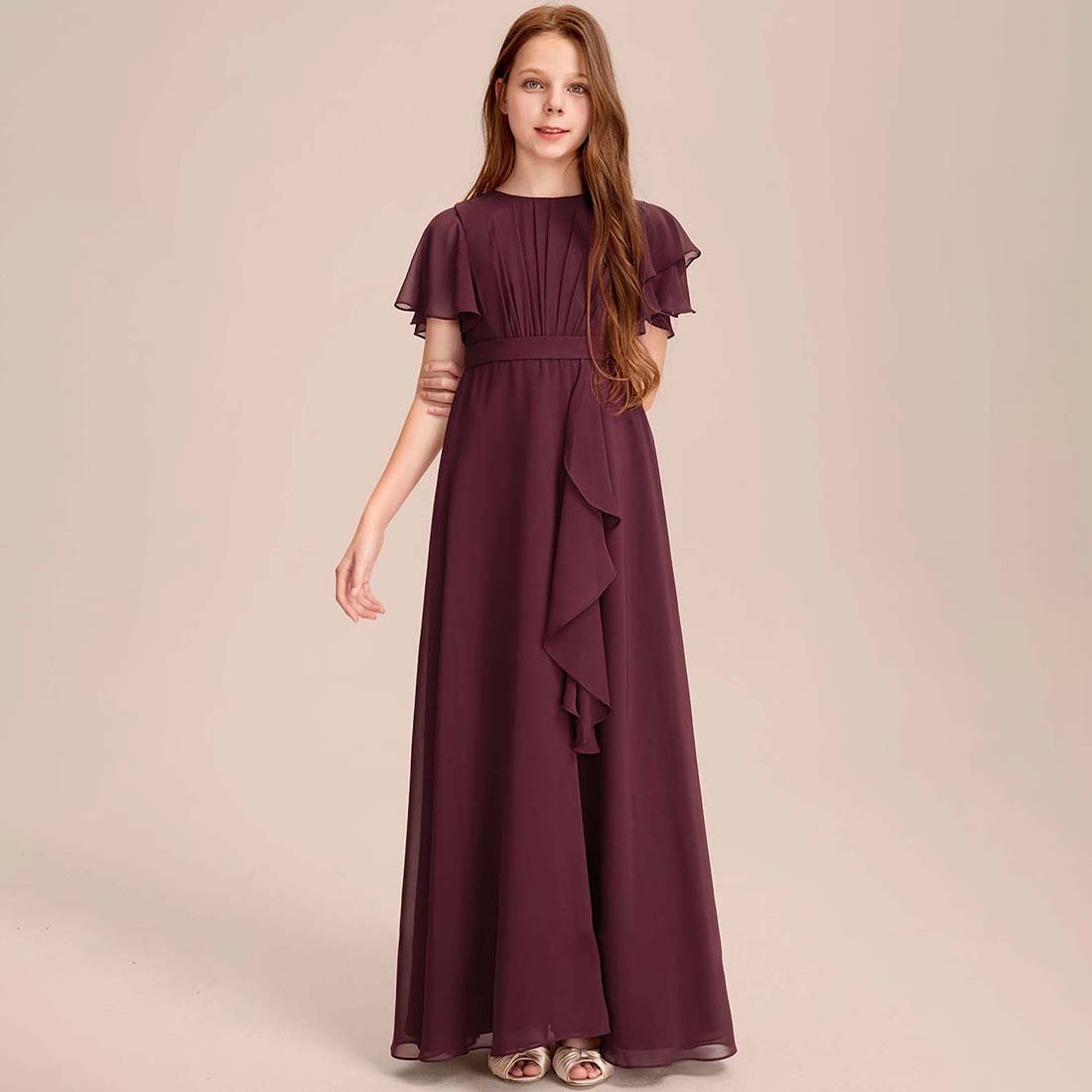 Girls' Formal Dress Charming A-Line Scoop Flowy Sleeve Chiffon With Cascading Ruffles Floor-Length Hot Sale Junior Bridesmaid Dress