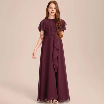 Girls' Formal Dress Charming A-Line Scoop Flowy Sleeve Chiffon With Cascading Ruffles Floor-Length Hot Sale Junior Bridesmaid Dress
