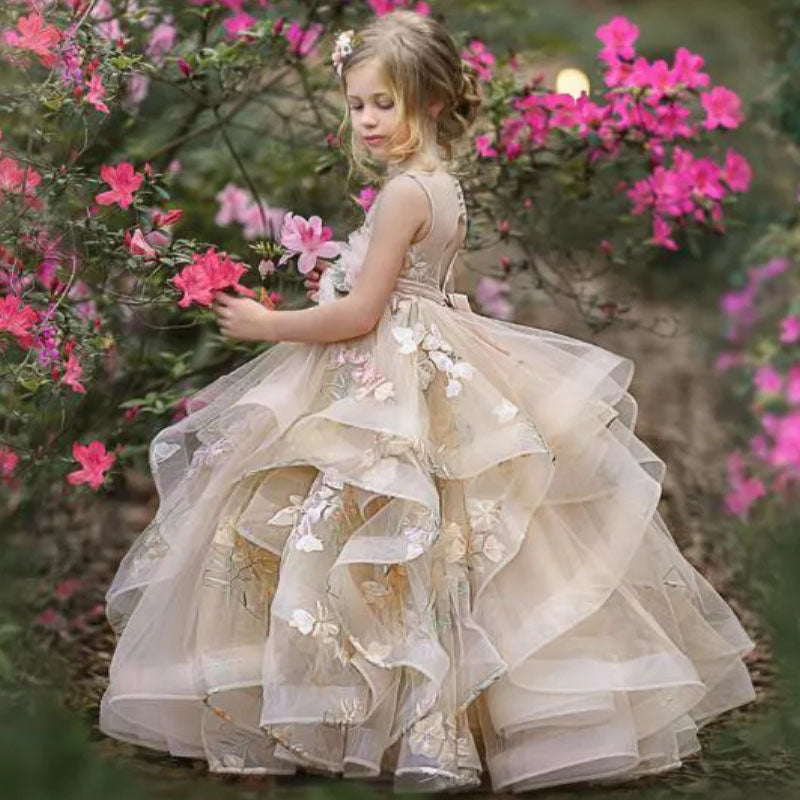 AERBA DRESS Wedding Flower Girl Dress Sleeveless Tiered Tulle Applique Princess Dress Holy Communion Birthday Gowns