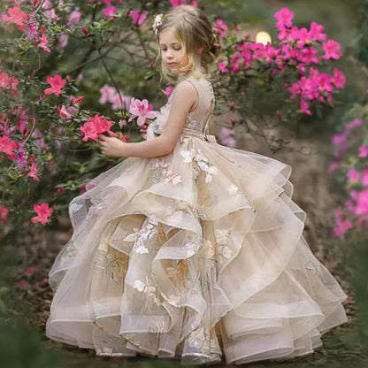 AERBA DRESS Wedding Flower Girl Dress Sleeveless Tiered Tulle Applique Princess Dress Holy Communion Birthday Gowns