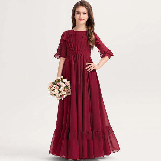Girls' Formal Dress Elegant A Line Round Neck Short Sleeve Ruffles Floor-Length Hot Sale Junior Bridesmaid Dress