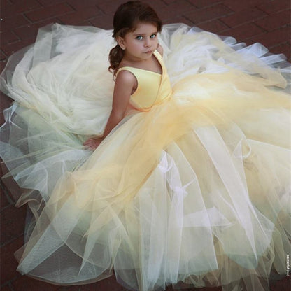 Wedding Flower Girl Dress V Neck Pleats Ball Gown Floor Length Modest Dresses Pageant Party Gift Birthday Princess Dress