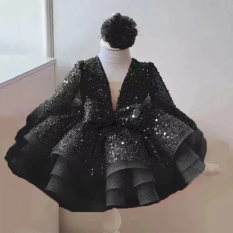 AERBA DRESS Wedding Flower Girl Dress Princess Bow Sequins Full Sleeve Knee Length Baby Kids Birthday Party Communion Dress