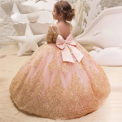 AERBA DRESS Wedding Flower Girl Dress Lace Appliques Bow Half Sleeves Elegant First Communion Kids Prom Dress