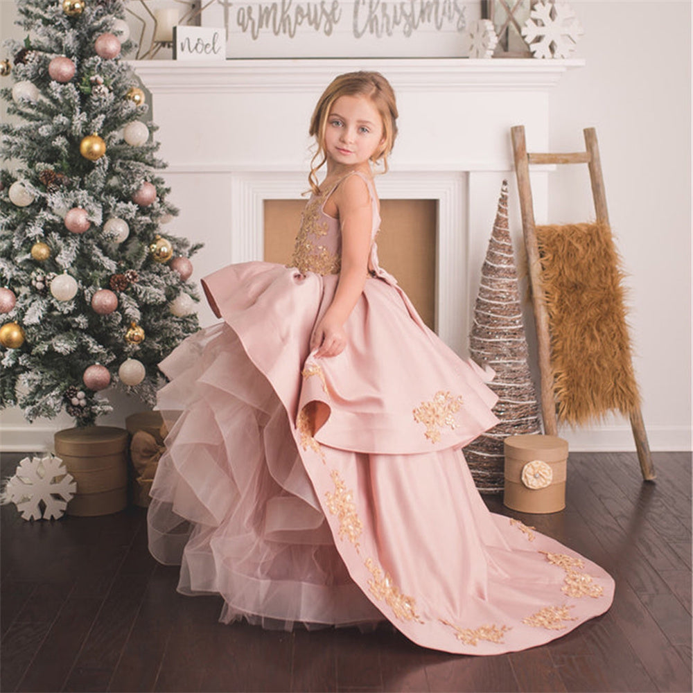 AERBA DRESS Wedding Flower Girl Dress Sleeveless Floor Length Applique Sweep Train Formal First Communion Dress Princess Dress
