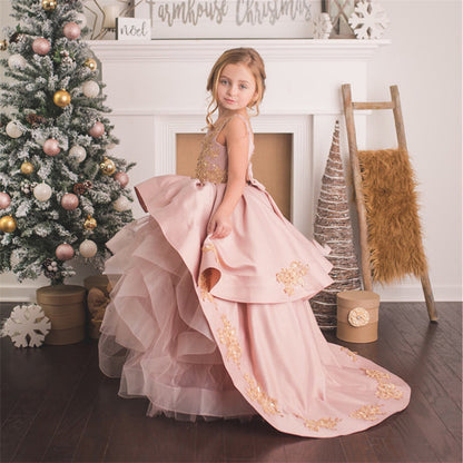 AERBA DRESS Wedding Flower Girl Dress Sleeveless Floor Length Applique Sweep Train Formal First Communion Dress Princess Dress