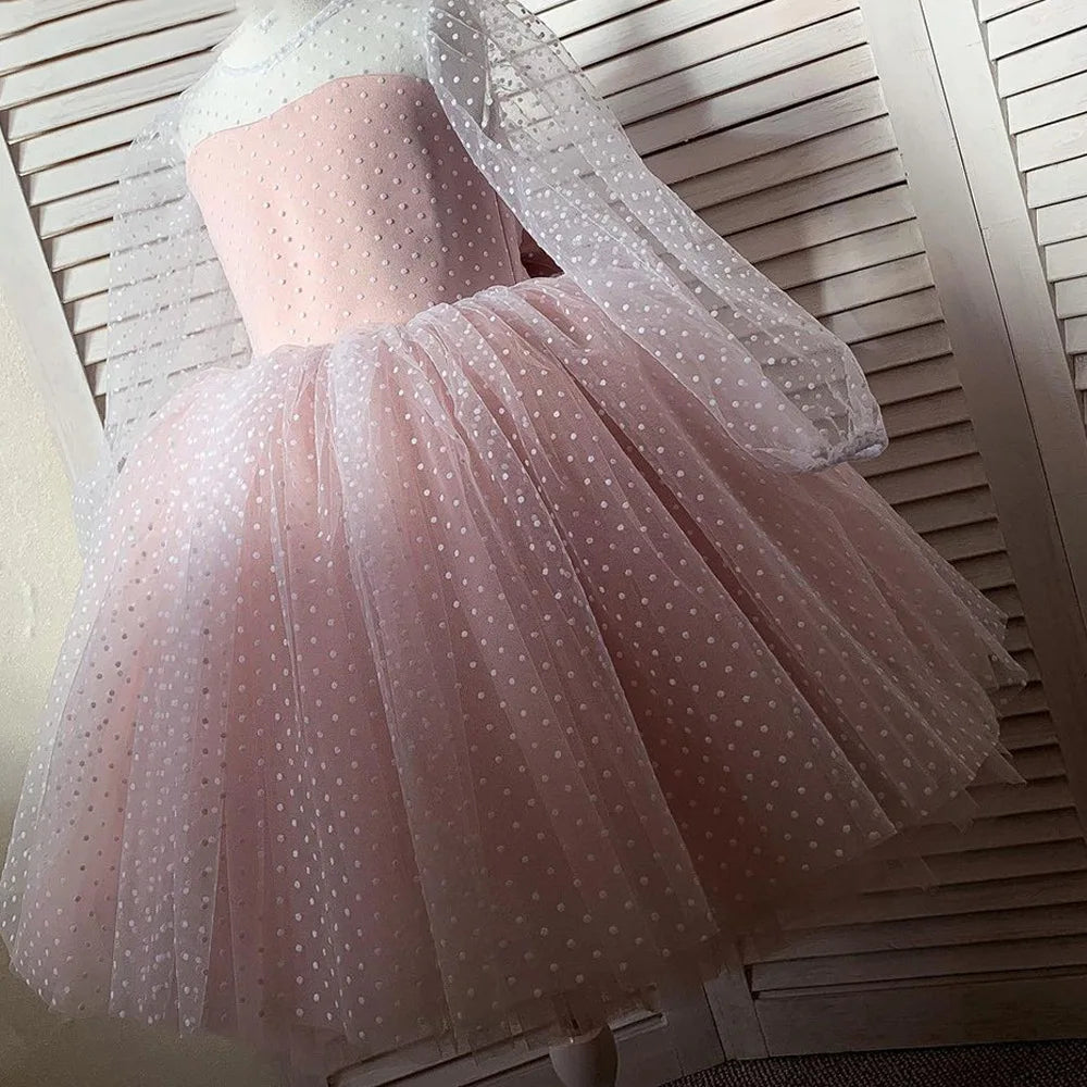 AERBA DRESS Wedding Flower Girl Dress Children's Polka Dot Lace Long Sleeved Performance Birthday Fluffy Short Skirt Princess Dress